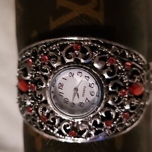 Pink Crystal Cuff Bangle Hinged Clamp Watch Silvertone Faux‎ Carnelian Stones